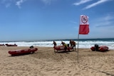 Surf Life savers carry and inflatable boat in the beach