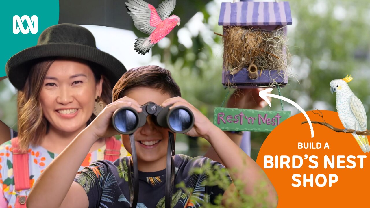 Boy holds binoculars nest to smiling woman in overalls. A small birdhouse labelled "Rest 'n' Nest" is behind them.