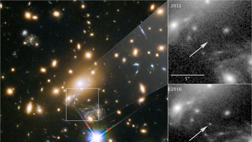 Composite image of the area of space in which Icarus was found and images from 2011 and 2016 showing the star's appearance