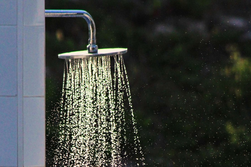 Shower head running water.