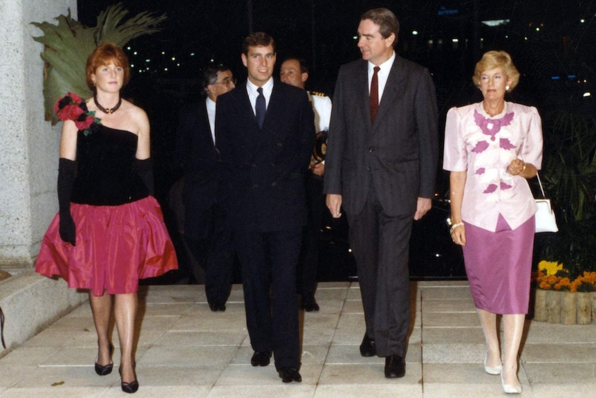 Two members of the British royal family with the Queensland premier and his wife outside state parliament in 1988