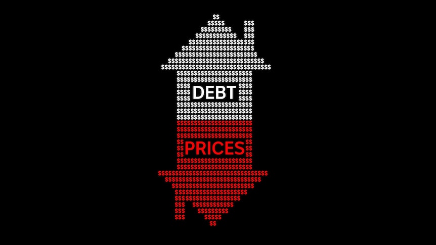 Arrows in the shape of houses showing debt rising while house prices fall.
