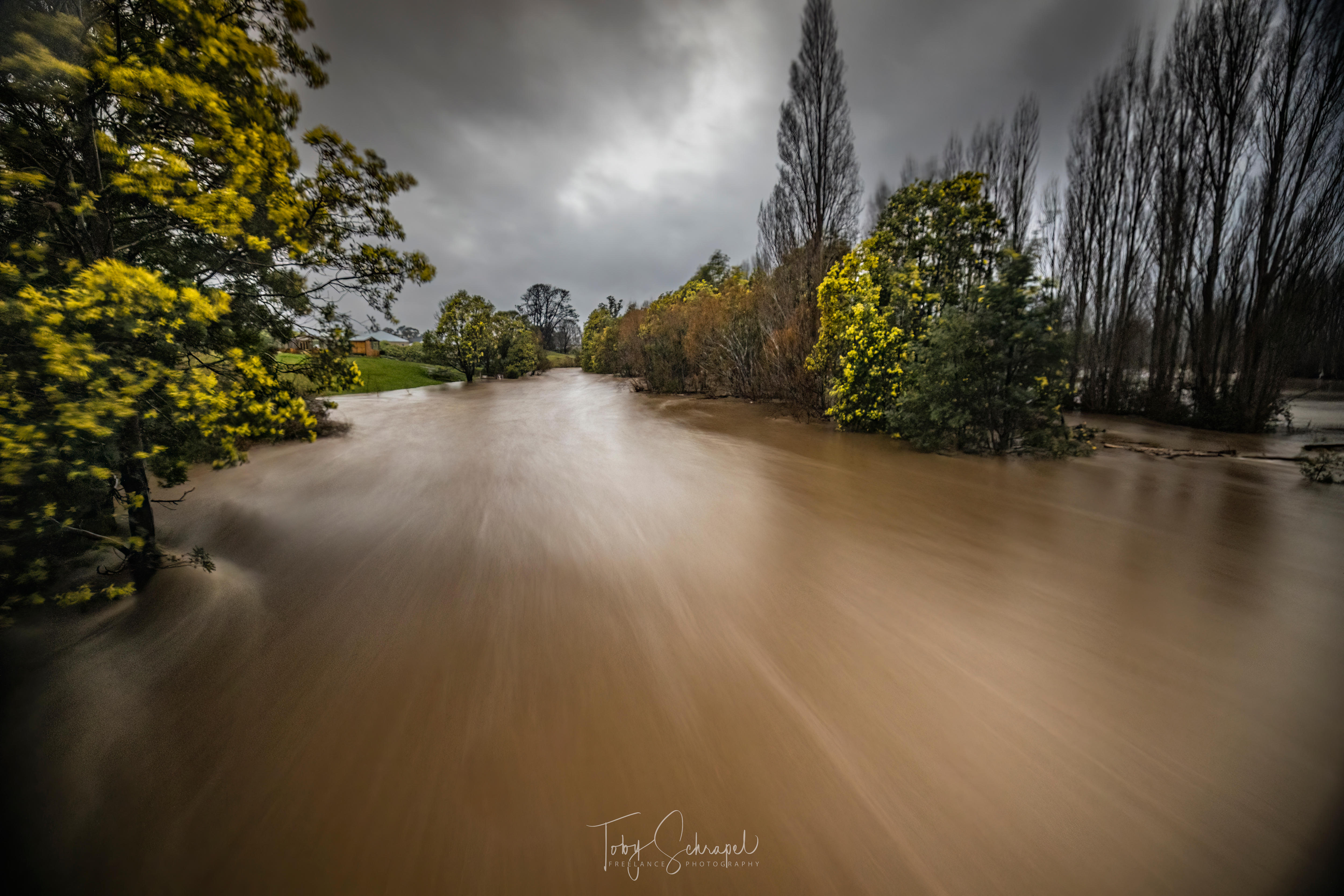 Flooded waterway in Huonville, Tasmania.
