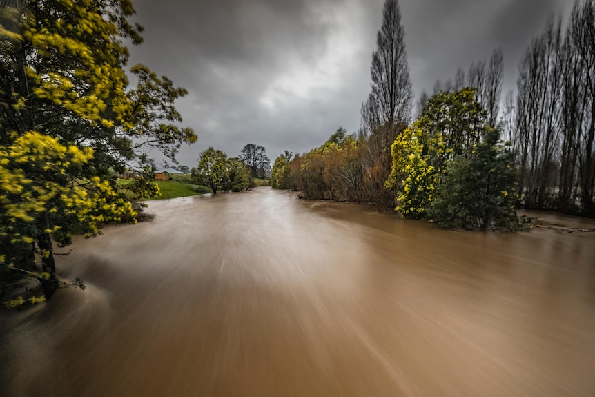 Flooded waterway in Huonville, Tasmania.