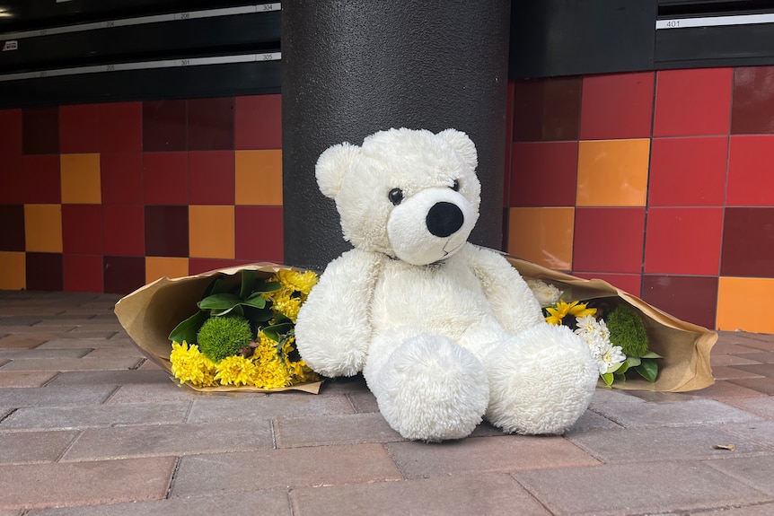 a big teddy bear outside an apartment complex in sydney with flowers 