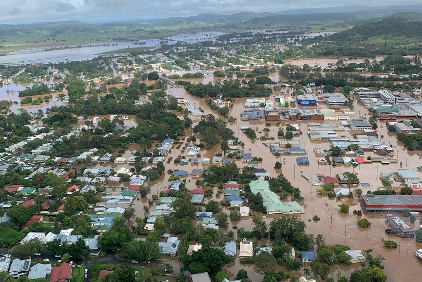 An aerial picture of flooded homes.