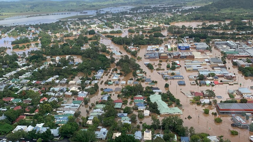 An aerial picture of extensive flooding in a residential area.