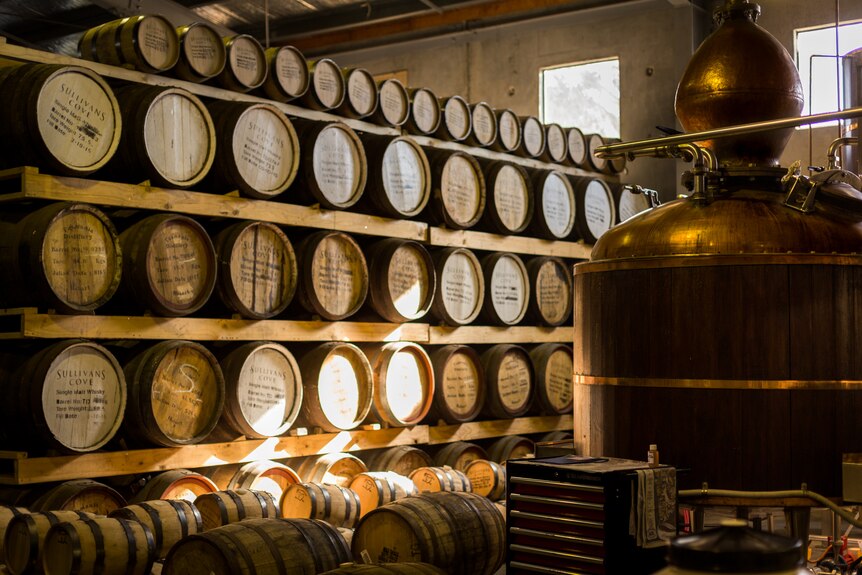 Whiskey casks in storage