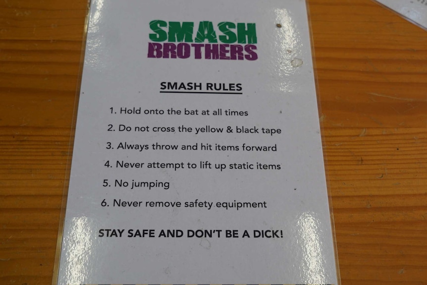A4 sheet lays out the rules for the Smash Brothers smash room in Sydney