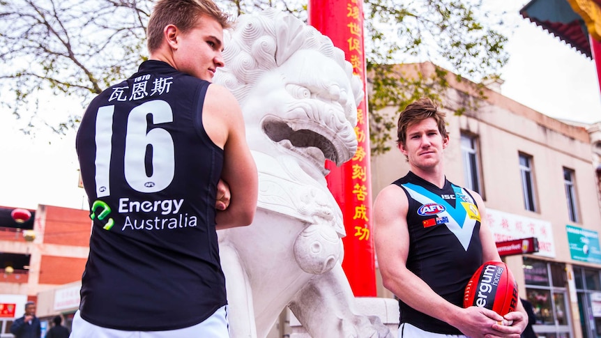 Port Adelaide players model jumpers for Multicultural Round
