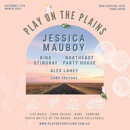 Play on the plains written on a pink background with jessia mauboy, king stingray, northeast party house written out. 