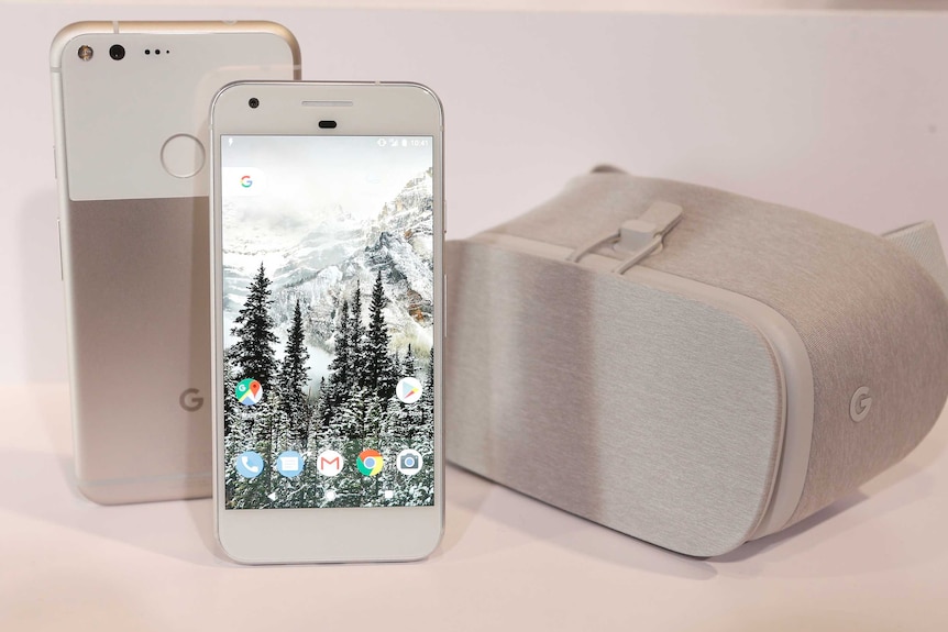 Google Pixel phones and the Google Daydream View VR viewer on display
