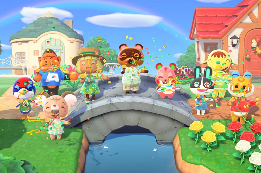 In a brightly coloured virtual 3D village 9 happy anthropomorphic animal characters stand on bridge with ice cream and confetti.