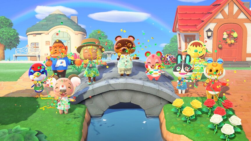 In a brightly coloured virtual 3D village 9 happy anthropomorphic animal characters stand on bridge with ice cream and confetti.