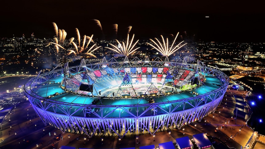 Fireworks ignite over the Olympic Stadium