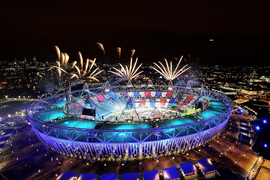 Fireworks ignite over the Olympic Stadium