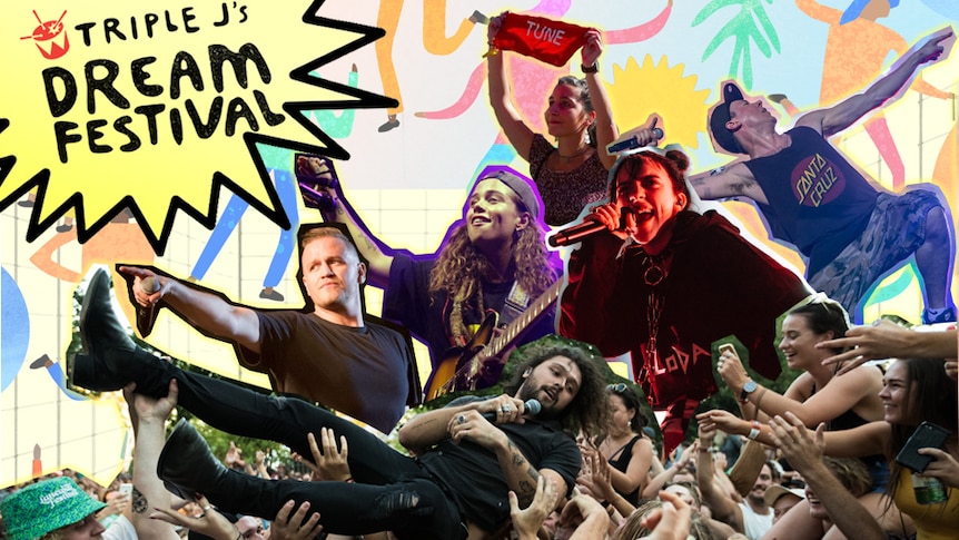 A collage of Hilltop Hoods, Gang of Youths, Tash Sultana, Billie Eilish with triple j's Dream Festival artwork