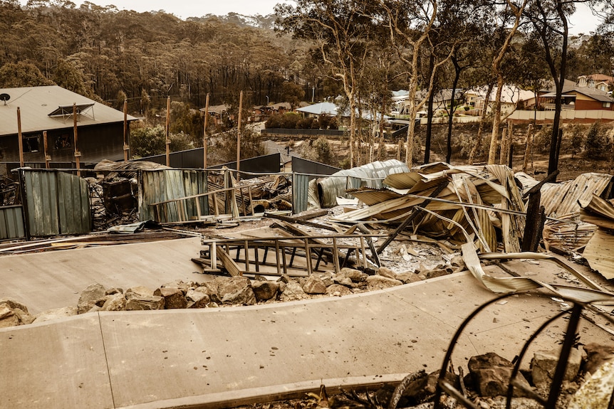 the aftermath of a bushfire in a street