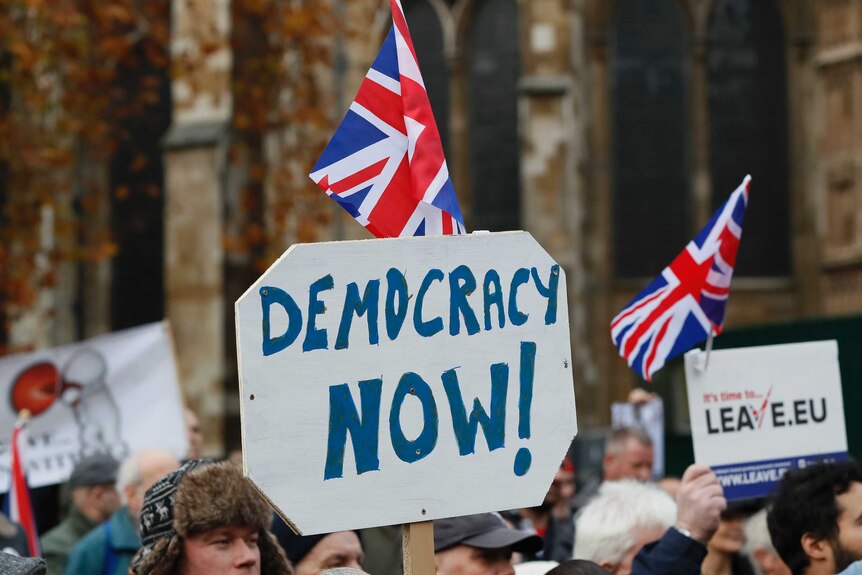 Pro-Brexit demonstrators wave flags and banners outside Parliament in London