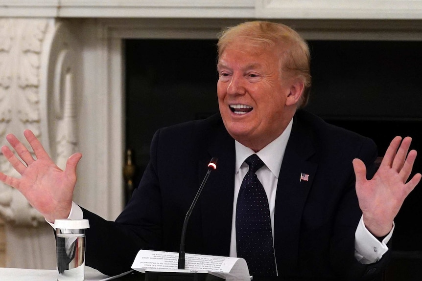 US President Donald Trump gestures with his hands.