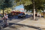 An artist's impression of Commonwealth Avenue in Canberra with a tram running along the middle of the road.