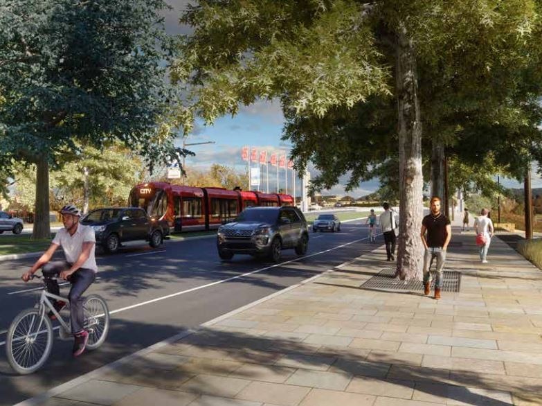 An artist's impression of Commonwealth Avenue in Canberra with a tram running along the middle of the road.