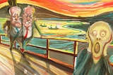 A cartoon, parodying Edvard Munch's painting The Scream, shows Malcolm Turnbull and Bill Shorten looking at a screaming person.