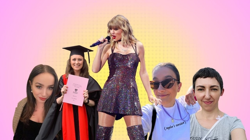 A Photoshopped image featuring pop star Taylor Swift, surrounded by headshots of four female academics and a pink background 