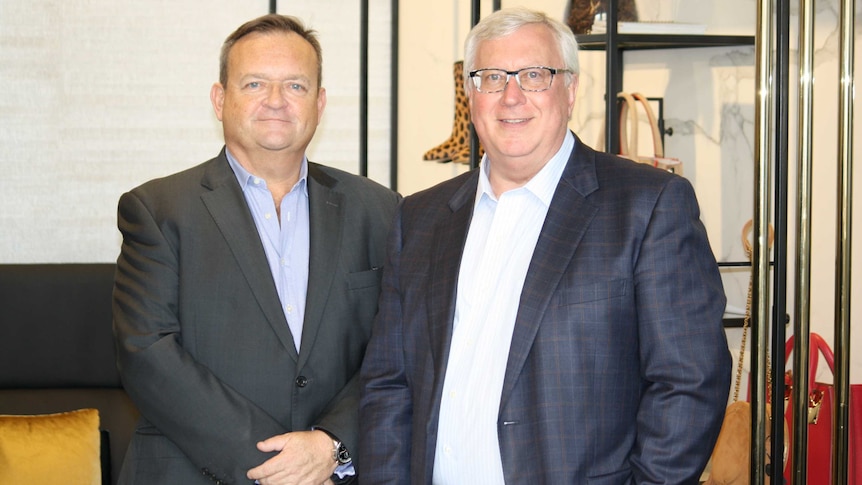 British veteran retailer John King and Myer chairman Garry Hounsell.