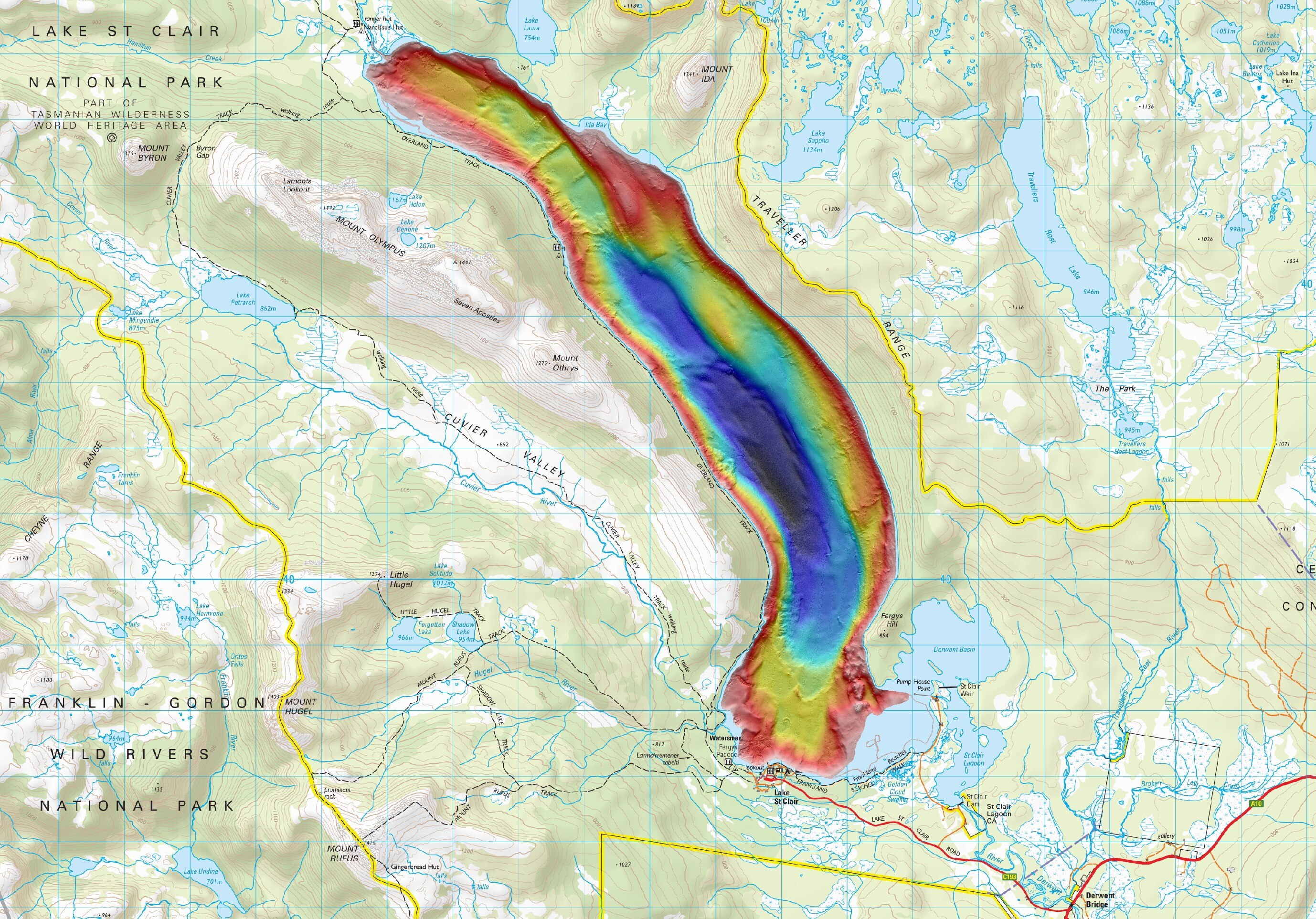 a geographic map, with the lake stratified into colours