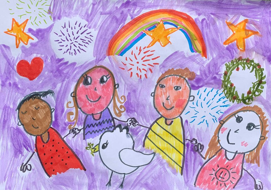 Child's drawing of four kids holding hands with a rainbow and a dove with an olive branch in its mouth