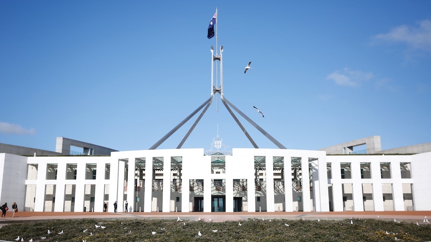 Parliament House in Canberra, on a sunny day. 