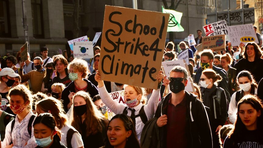 A person carrying a sign that says SchoolStrike4Climate in amongst a crowd of protesters.