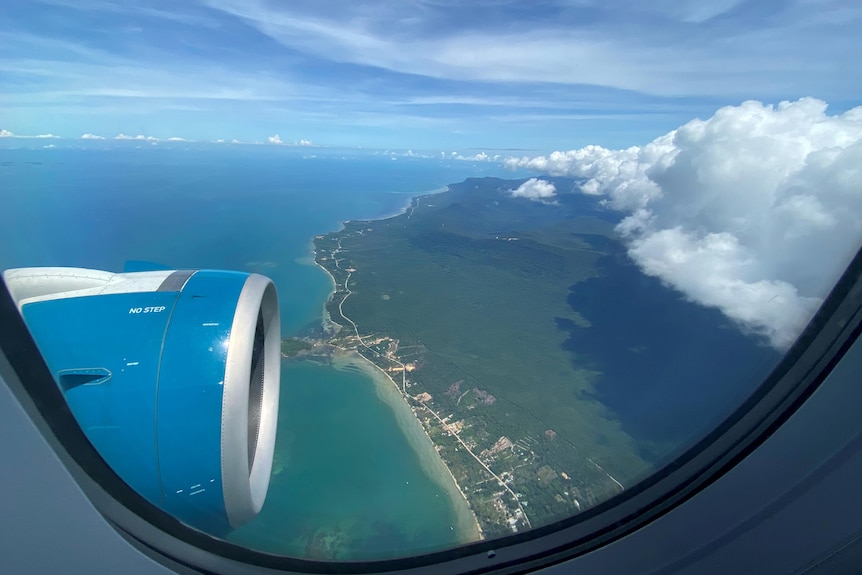 Phu Quoc resort island is seen via the window of a plane