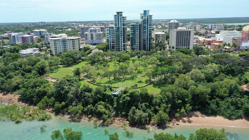 An aerial view of the Darwin CBD, as seen from the Esplanade.