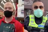 Still images from a video of someone arguing with Bunnings workers over wearing a mask
