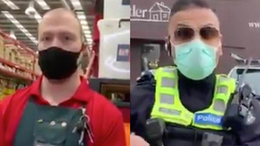 Still images from a video of someone arguing with Bunnings workers over wearing a mask