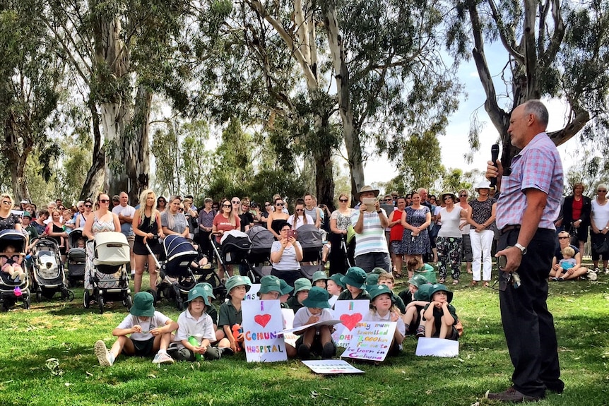 Cohuna GP obstetrician Peter Barker addresses a rally in the town in November 2017.