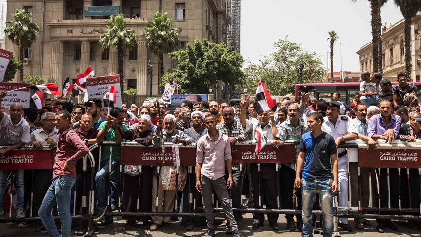 Supporters of the government outside the Journalists Syndicate building in Cairo chant anti-media slogans.