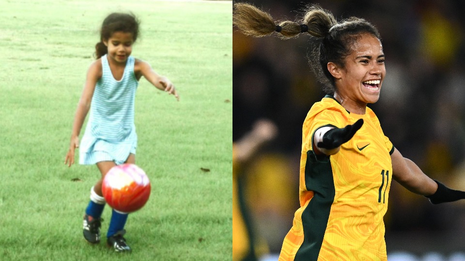 side by side photos of mary fowler as a child playing soccer and now playing for australia