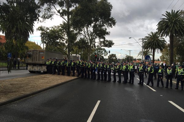 A police line at a rally in Coburg