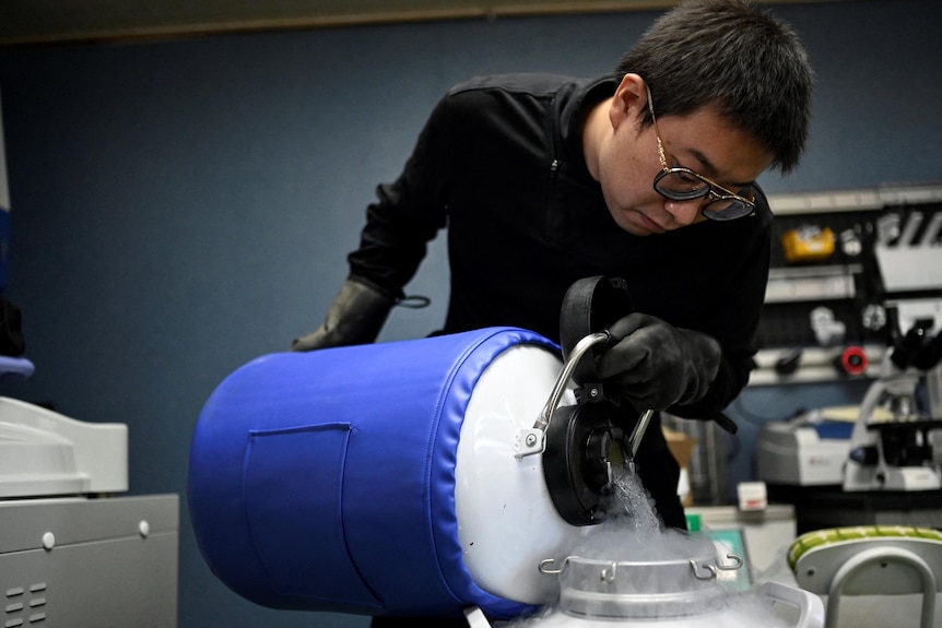  Xu Wei pouring liquid nitrogen at his home laboratory in Kunming in southwestern China's Yunnan province.