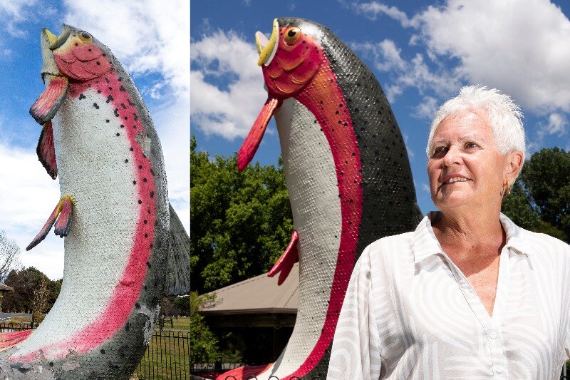 A composite of the Big Trout before and after, and a woman beside the latest version.