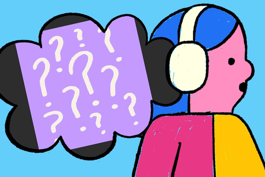 Illustration of a confused person with headphones on has a thought bubble showing lots of question marks.