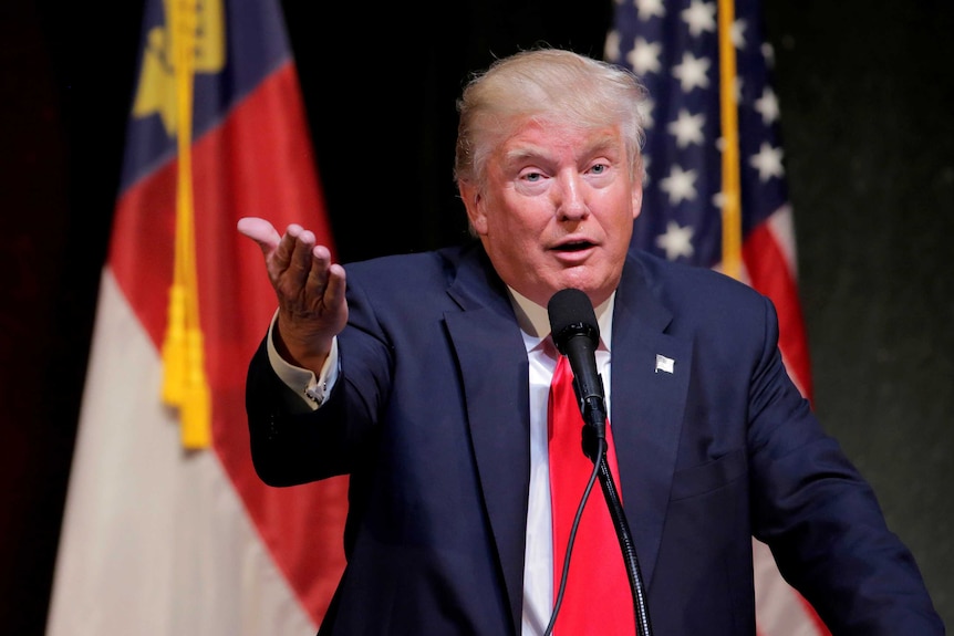 Donald Trump speaks at a campaign rally in Raleigh, North Carolina