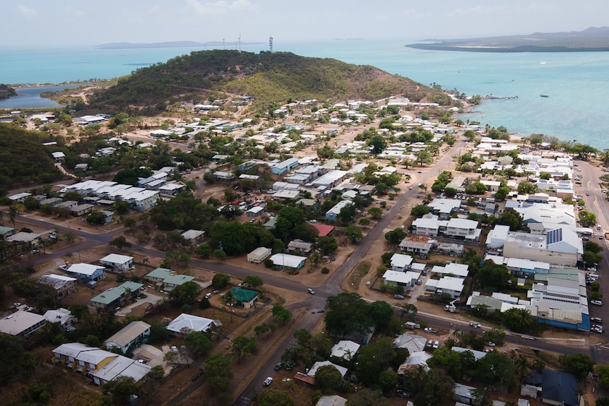 An aerial photo of Thursday Island, above houses looking out to sea