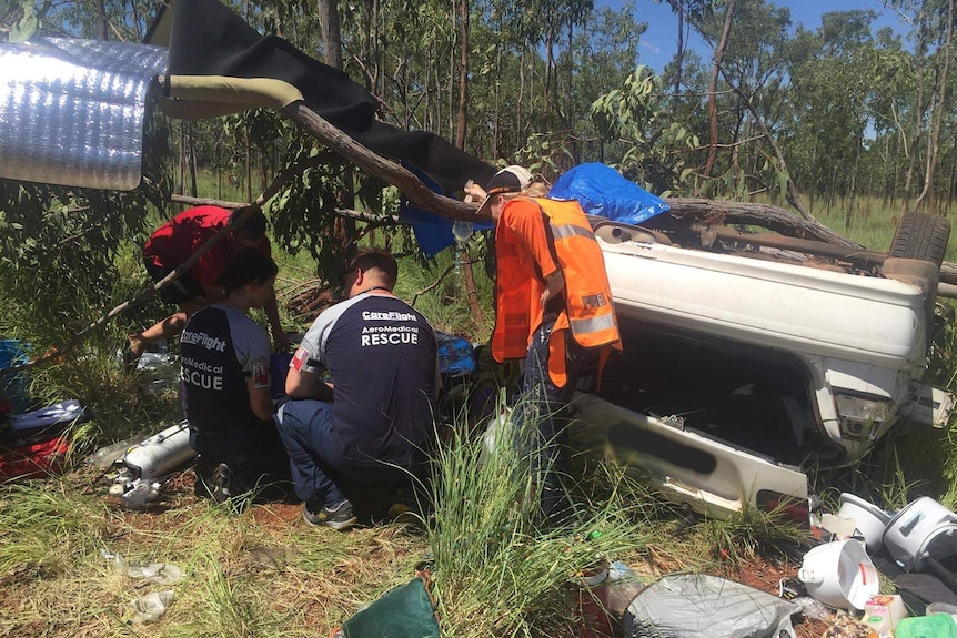 First responders attending a motor vehicle accident in Larrimah.