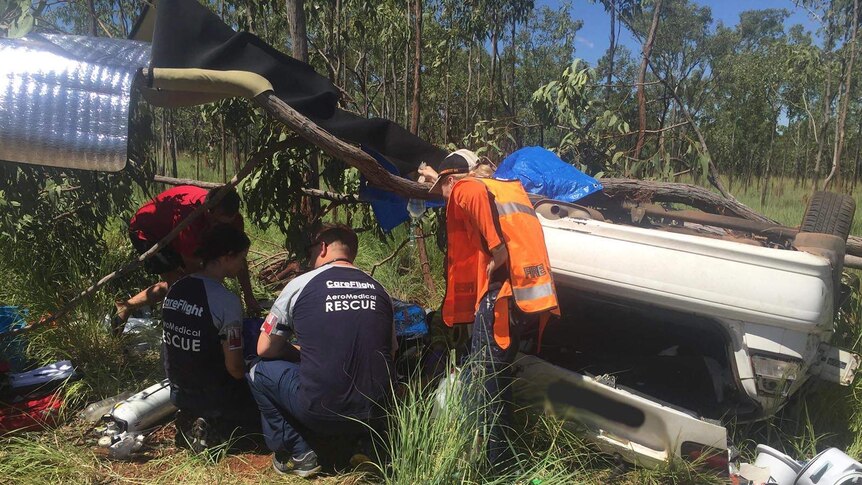 First responders attending a motor vehicle accident in Larrimah.