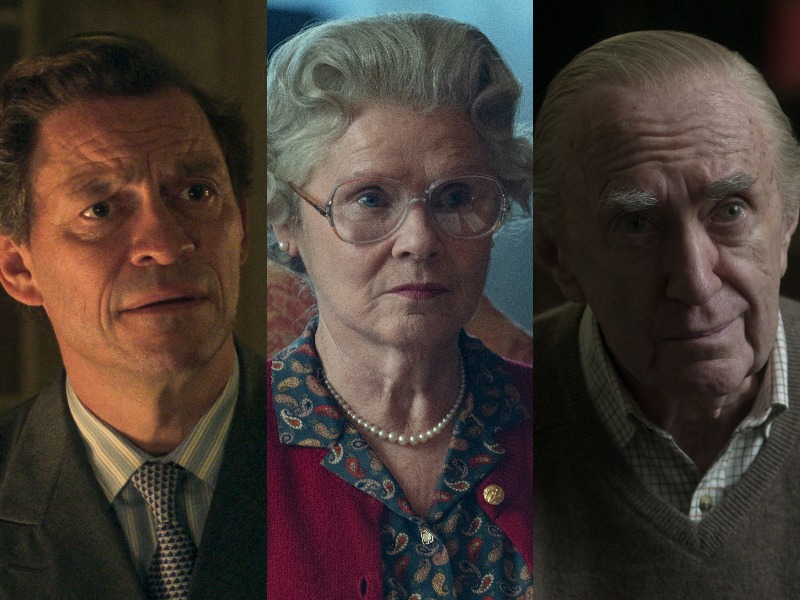 A composite image of Dominic West, Imelda Staunton, and Jonathan Pryce in character in The Crown