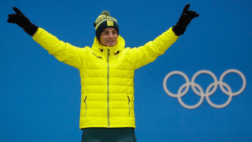 Australia's Matt Graham celebrates silver in the men's moguls in Pyeongchang